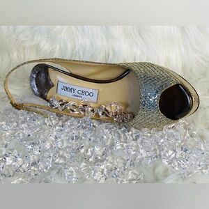 Jimmy Choo Nova Champagne Glitter Peep-Toe Slingback Heels. Authentic.